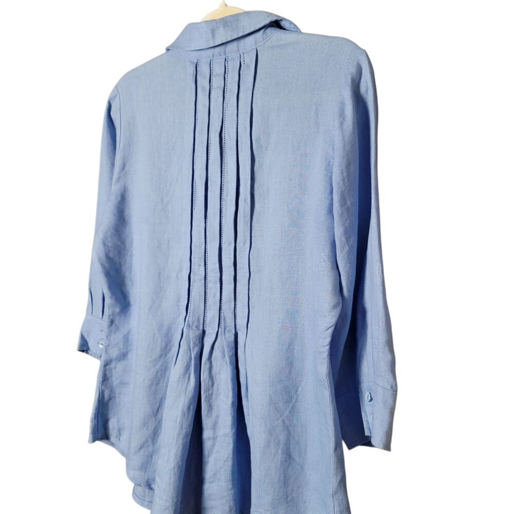 Coldwater Creek Womens Blue Linen Boho Pintuck 3/4 Sleeves Button Front Top M - Picture 5 of 10